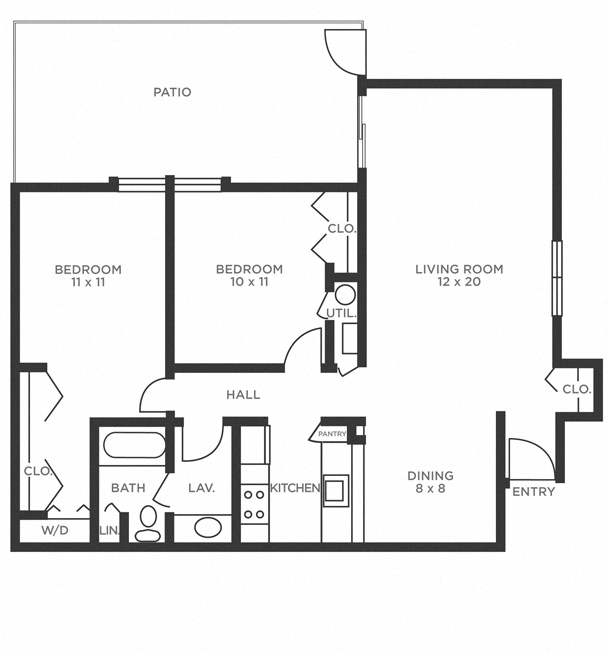 Floor plan for 2 beds, 1 bath, 882 sqft